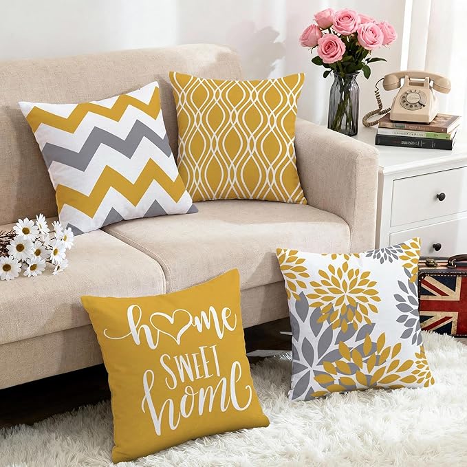 Hexagram Geometric Yellow Pillow Covers 16x16 Set of 4, Decorative Outdoor Boho Modern Throw Pillow Covers, Home Sweet Home Farmhouse Cushion Case for Couch Sofa Bedroom Indoor Decor(No Insert)