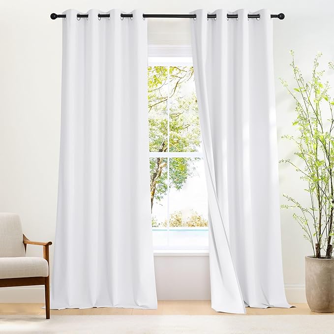 NICETOWN White 100% Blackout 90 inch Curtains for Bedroom, Grommet Full Blackout Window Treatments Heat Blocking for Living Room, W52 x L90, 2 Panels
