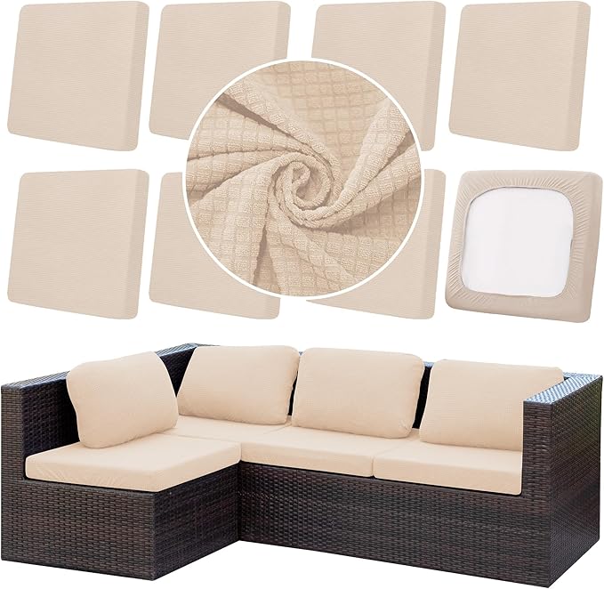 8Pcs Outdoor Cushion Covers, Patio Cushion Covers,Stretch Elastic Slipcovers, Replacement Washable & Reusable Furniture Protector for Patio Couch,Thick Jacquard Fabric(Beige, Cover Only)
