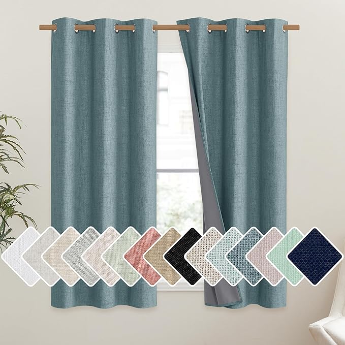 NICETOWN 100% Absolutely Blackout Linen Curtains with Thermal Insulated Liner, Skylark Blue, 42" Wide, 45" Length Energy Saving Curtains for Dining Room 2 Panels Set, Vertical Blinds