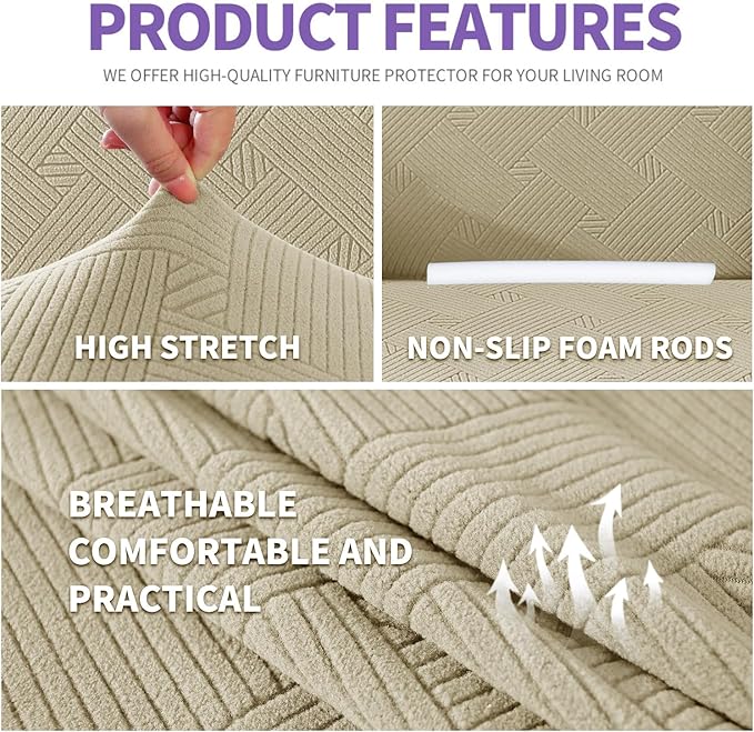 ZNSAYOTX Super Stretch Loveseat Covers (57"-70"), New Striped Love Seat Slipcover, Dogs Pet Friendly Anti-Slip Couch Protector Spandex Durable 2 Seater Fabric Sofa Cover (Khaki, Loveseat)