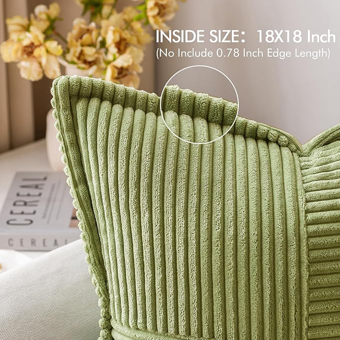 MIULEE Spring Decorative Throw Pillow Covers for Couch Bed Livingroom 18x18 Inch Set of 2 Green Boho Accent Throw Pllows Broadside Striped Patchwork Soft Corduroy Summer Pillowcases