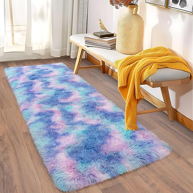 Soft Runner Rugs for Bedroom Hallways, 2x6 Purple Rainbow Fluffy Shag Throw Area Rug Non Slip for Bedside Dorm, Long Shaggy Furry Carpet for Nursery Living Room