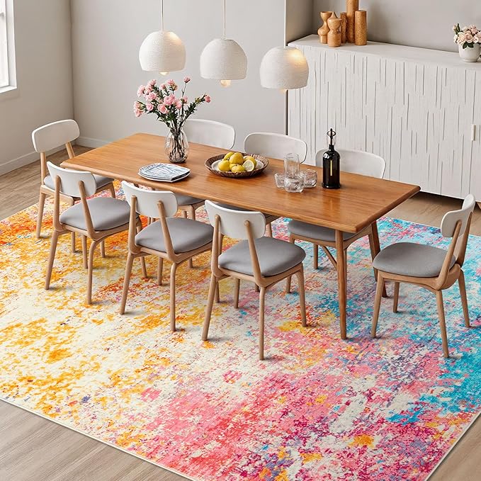 Rugflix 9x12 Area Rugs for Living Room, Washable Large Multicolor Rug Stain-Resistant Low Pile, Modern Carpet for Dining Room Home Office Kid Room Nursery Bedroom, Colorful Rainbow