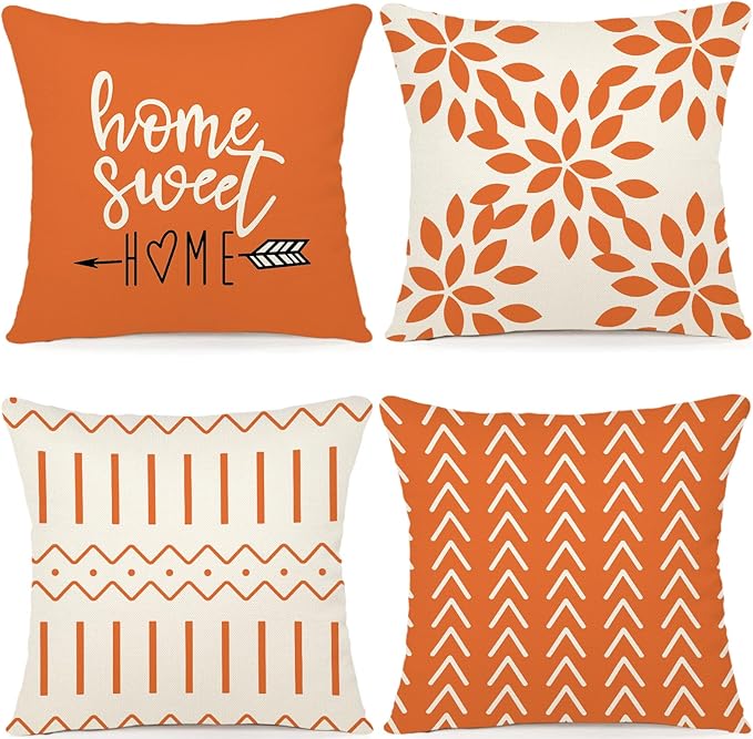YCOLL Fall Pillow Covers 22x22 Set of 4, Modern Sofa Throw Pillow Cover for Fall Decor, Decorative Outdoor Linen Fabric Pillow Case for Couch Bed Car, Orange