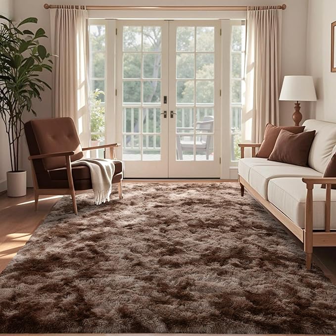 4x6 Ft Shag Brown Area Rug for Bedroom Living Room, Tie-Dyed Ultra Soft Fluffy Furry Rugs for Indoor Floor, Aesthetic Carpet for Kids Home Decor (Coffee)