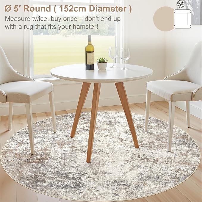 UERMEI 5ft Round Area Rug Living Room Rugs - 5x5 Washable Neutral Modern Abstract Soft Thin Rug Indoor Floor No Slip Rug Carpet for Bedroom Under Dining Table Home Office Decor - Brown Grey