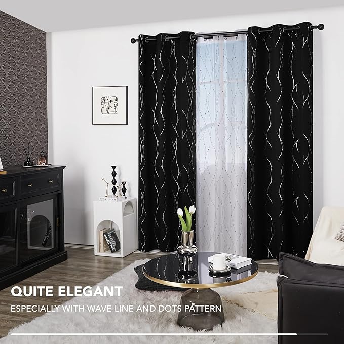 Deconovo Blackout Curtains, Black Curtain, Thermal Insulated Noise‑Reducing Drapes, Wave Line Dot Foil Print, 38 x 84 Inch Long, 2 Panels, Machine‑Washable Window Curtains for Bedroom Living Room