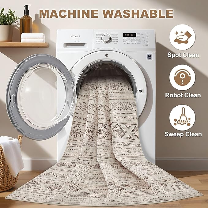 Nakagishi 8x10 Area Rugs Living Room: Washable Boho Large Neutral Soft Farmhouse Rug Stain Resistant Modern Moroccan Non-Slip Indoor Carpet for Bedroom Nursery Kids Office Dining Room- Dark Brown
