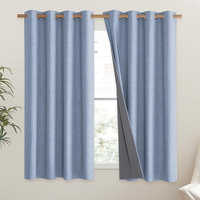 NICETOWN Stone Blue Vintage Linen 100% Blackout Curtains for Living Room, Thermal Insulated Curtains 45" Long, Noise Reducing Window Treatment Drapes for Hall Room, 52" Wide Per Panel, Set of 2