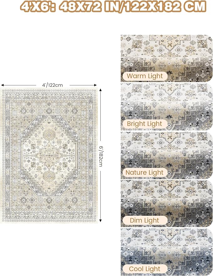 4x6 Area Rugs for Living Room, Non-Slip Backing Small Kids Rugs for Bedroom, Vintage Floral Rug Home Decor, Low Pile Soft Washable Rug for Kitchen, Dining Room (Beige,4'x6')
