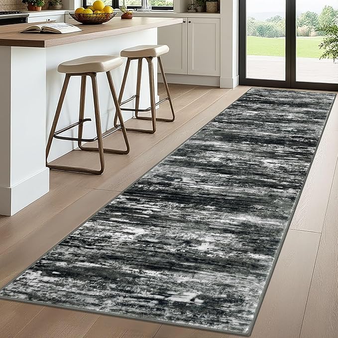 KOZYFLY 3x10 Ft Rug Modern Ombre Runner Rug for Hallway, Washable Kitchen Rugs Non-Slip Soft Striped Entryway Rug, Print Black Grey Abstract Carpet for Laundry Nursery