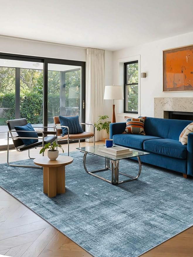 Latte&Fog 6x9 Area Rugs for Living Room Bedroom, Blue Modern Abstract Neutral Washable Rug, Boho Non Slip Low Pile Carpet for Dining Room, Dorm, Classroom, College Dorm, Farmhouse and Kids Room - Blue