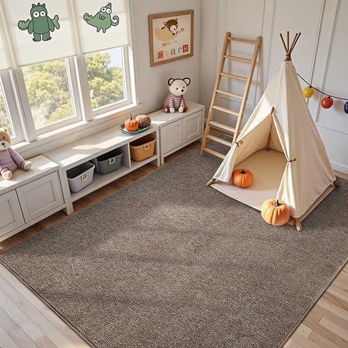 FinRèc 4x6 Washable Area Rugs for Bedroom Living Room, Low Pile Thin Rug Solid Color, Non-Slip Carpet Indoor for Home Decor (Brown)
