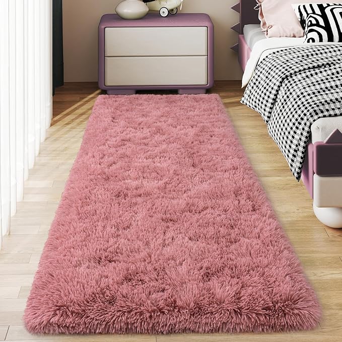 Soft Runner Rugs for Bedroom Hallways, 2x6 Blush Pink Fluffy Shag Throw Area Rug Non Slip for Bedside Dorm, Long Shaggy Furry Carpet for Nursery Living Room