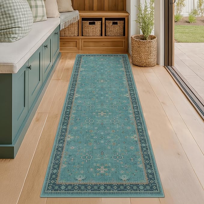 Hazo Haus Boho 2x6 Non Slip Kitchen Rug Runner - Teal Washable Rug for Bathroom, Laundry Room, Hallway, Non Slip with Rubber Backing, Floral Aqua Blue Unique Runner Décor