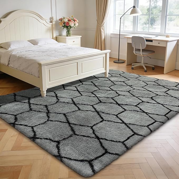 Shag Area Rug for Bedroom 5x8,Fluffy Area Rugs for Living Room,Geometric Soft Fuzzy Rug Non-Shedding Indoor Plush Carpet for Kids Bedroom Nursery Dorm Home Christmas,Grey and Black