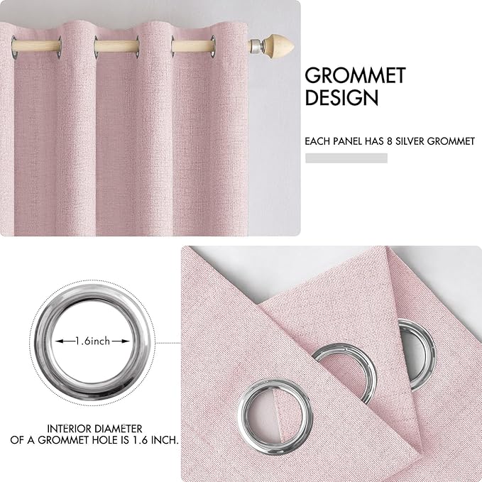 MIULEE Linen Texture Curtains for Bedroom Solid 100% Blackout Thermal Insulated Pink Curtains Grommet Room Darkening Drapes for Living Room Nursery 52x72 Inch (2 Panels)