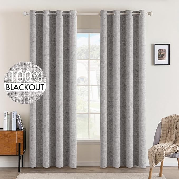 MIULEE Linen Texture 90 Inches Curtains for Bedroom 100% Blackout Thermal Insulated Light Gray Curtains Grommet Room Darkening Drapes for Living Room Nursery 52x90 Inch (2 Panels)