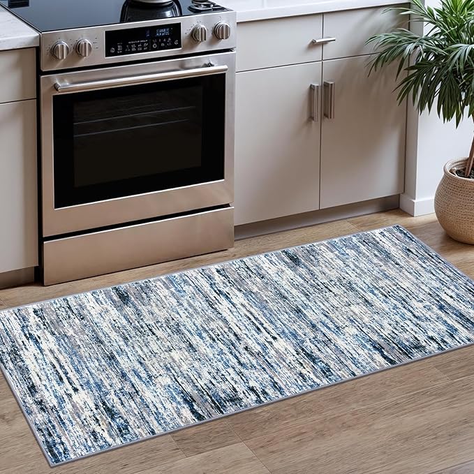 Lansny Modern Abstract Runner Rug 2x5, Grey Blue White Washable Entryway Kitchen Runner Non-Slip Soft Hallway Rug Runner Thin Print Faux Wool Carpet for Bedroom Laundry Room Indoor