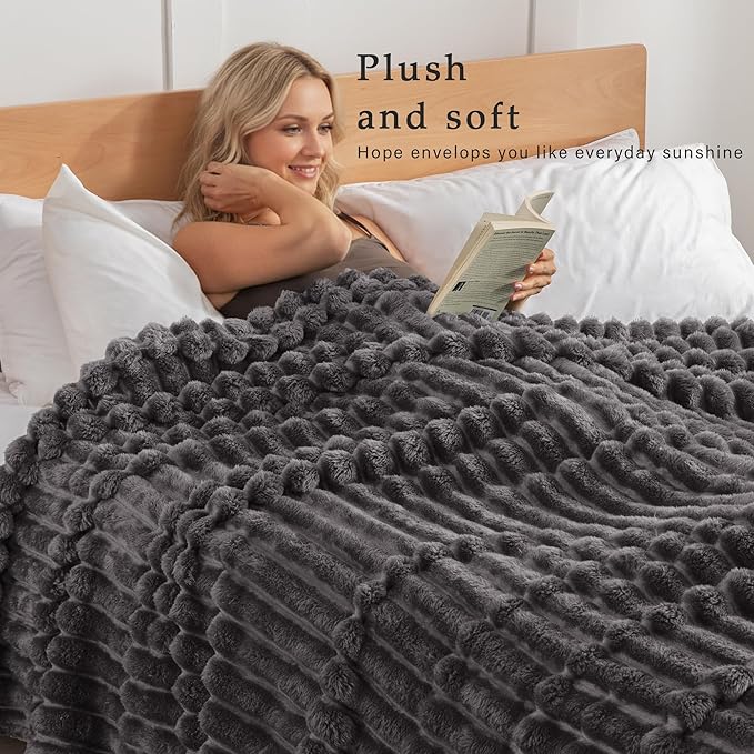 Exclusivo Mezcla Fleece Throw Blanket for Couch, Super Soft Striped Jacquard Bed Blanket, Lightweight Fuzzy Cozy for All Seasons, 50x60 Inches, Dark Grey