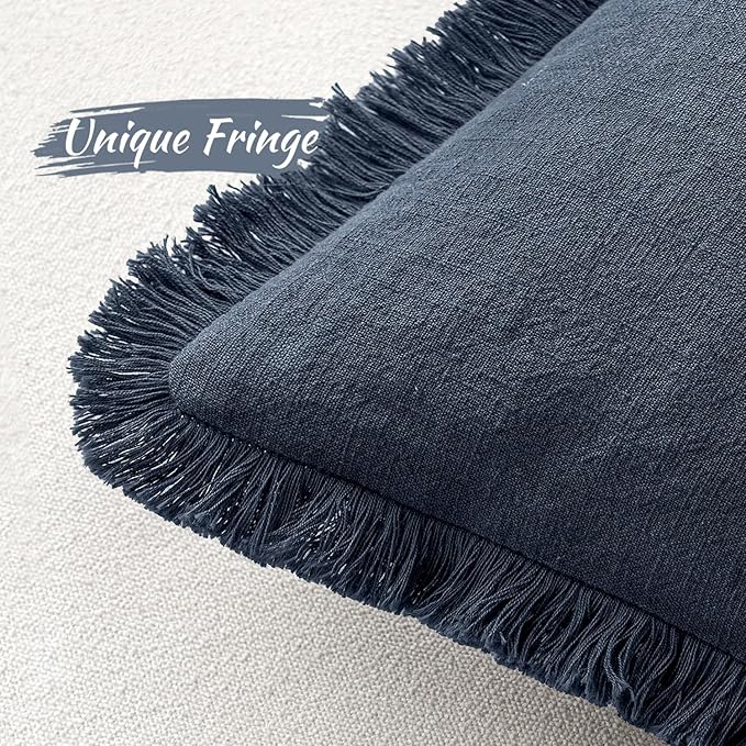 MIULEE Decorative Throw Pillow Covers Neutral Linen Fringe Throw Pillows Set of 2 Indigo Blue Boho Farmhouse Cushion Covers Coastal Decor for Couch Sofa Bed Living Room Spring Decor 20x20 Inch