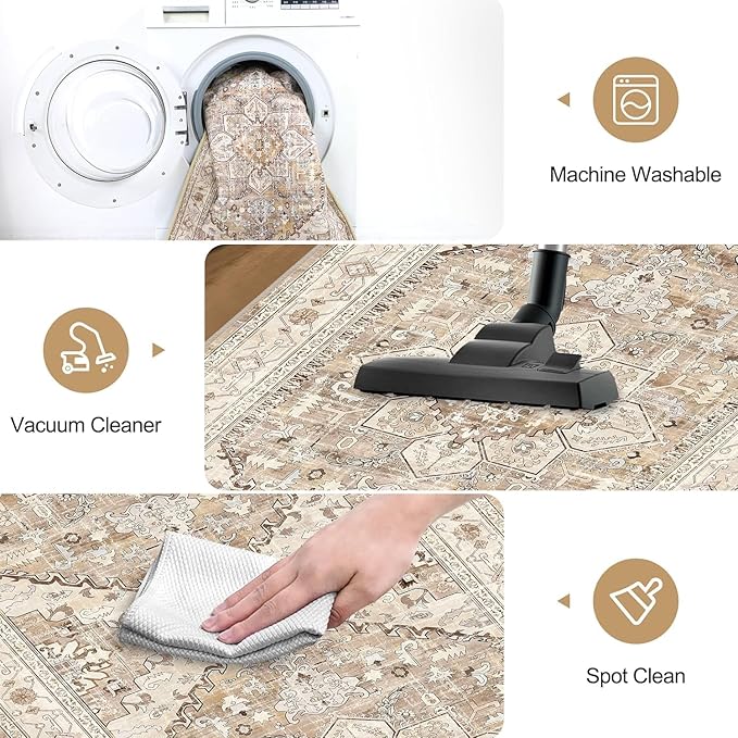Yamaziot Washable Runner Rug, 2x6 Non-Slip Boho Vintage Hallway Rug Runner with Rubber Backing, Stain Resistant Faux Wool Distressed Carpet Runner for Kitchen, Laundry, Entrance, Beige Brown