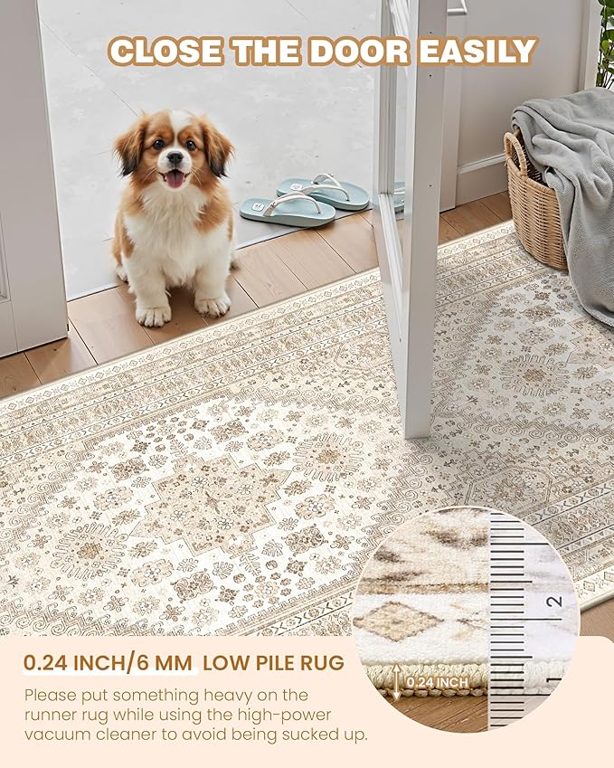 3x5 Washable Area Rug for Entryway, Kitchen Rugs Non Slip for Dining Room, Vintage Floral Soft Living Room Rug, Thin Area Rug Indoor for Bedroom, Kids Room Decor(Cream/Beige,3'x5')