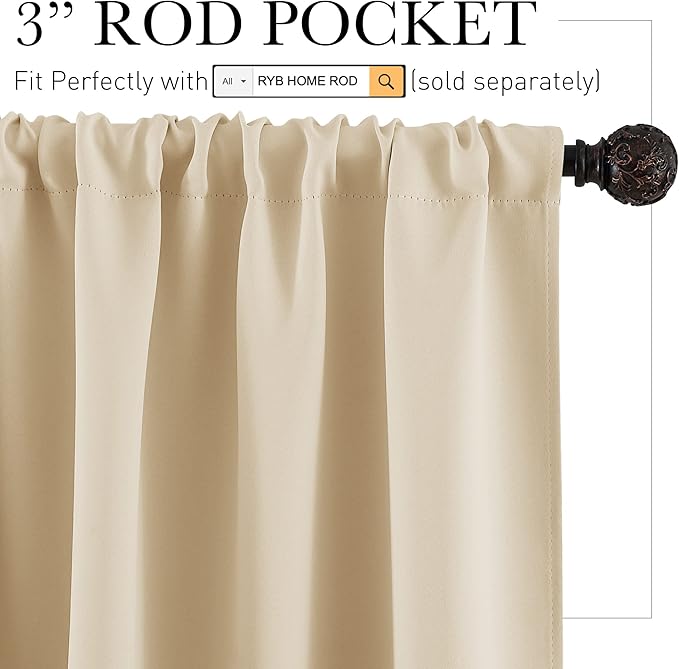 RYB HOME Short Curtains for Bedroom, Room Darkening Insulated Summer Heat Light UV Blocking Energy Saving Drapes for Nursery, Width 34 by Length 45, Biscotti Beige, Set of 2
