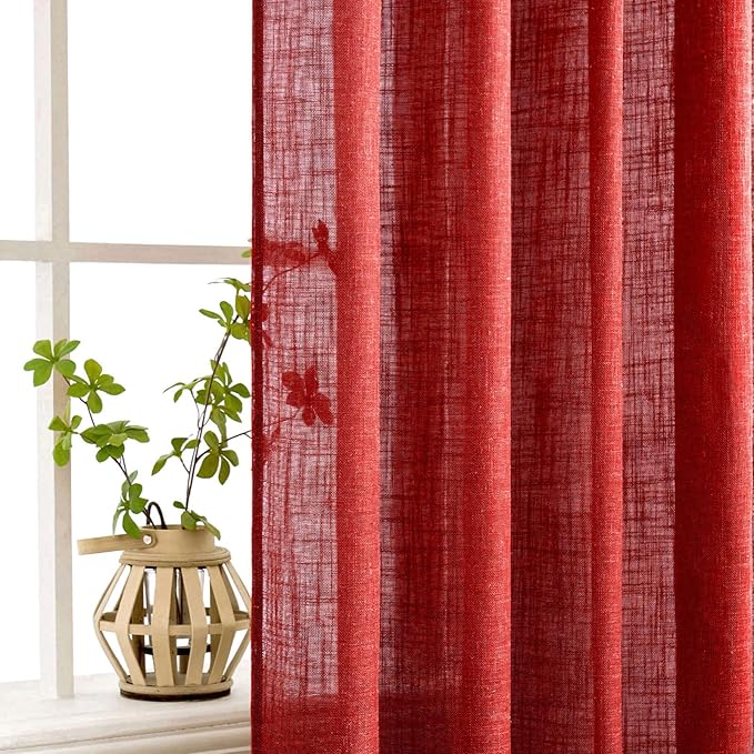 MIULEE Red Linen Curtains 96 Inch Long for Bedroom Living Room, Soft Thick Linen Textured Window Drapes Semi Sheer Light Filtering Rod Pocket Back Tab Christmas Burlap Look, 2 Panels