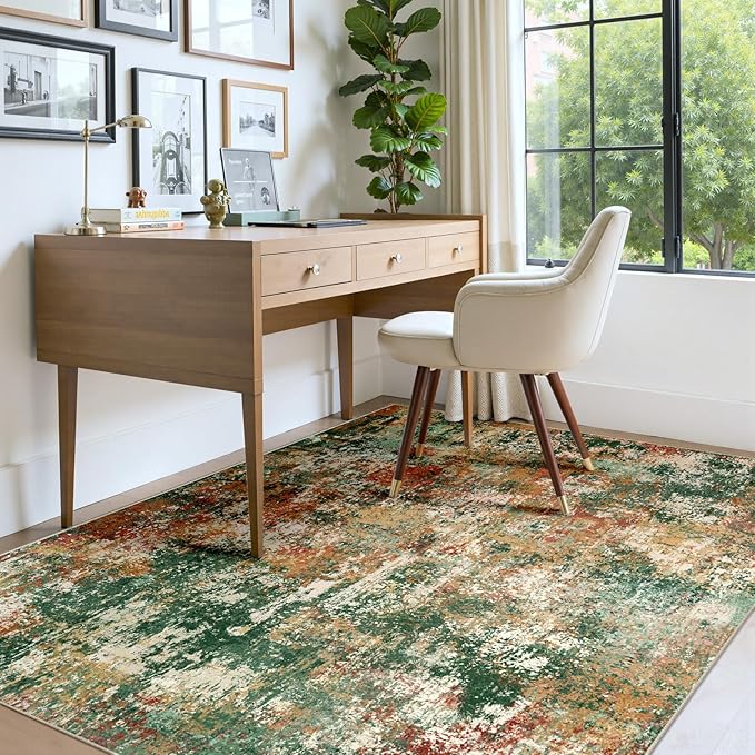 Washable Area Rugs 6'x8' Non-Slip Modern Abstract Soft for Living Room Entryway Bedroom Nursery, Print Pattern, Green Orange Rust Red Cream Colorful