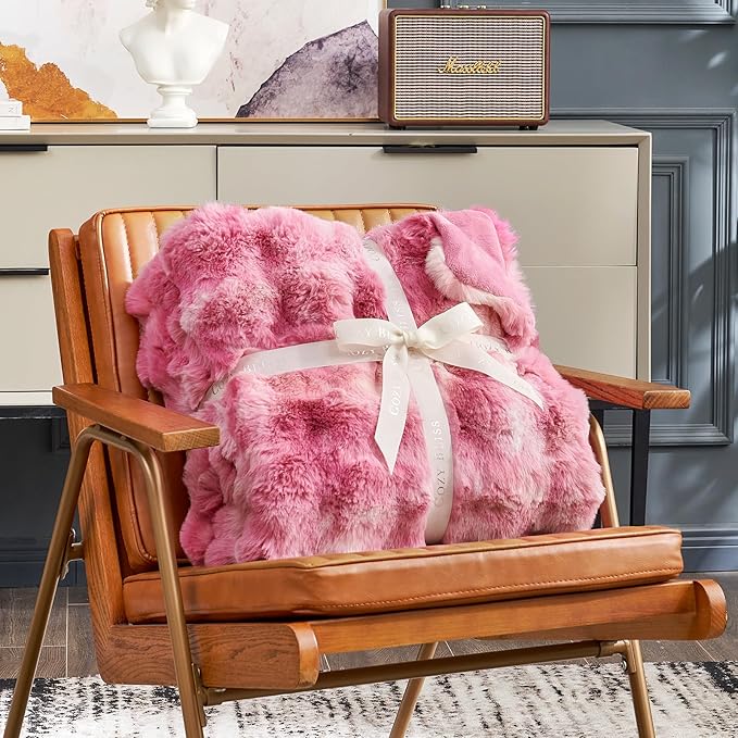 Cozy Bliss Faux Fur Throw Blanket for Bed King Size, Bubble Plush Blanket, Fuzzy Soft & Thick Blanket for Bed Sofa Living Room, 108x90 Inches Tie-dye Pink
