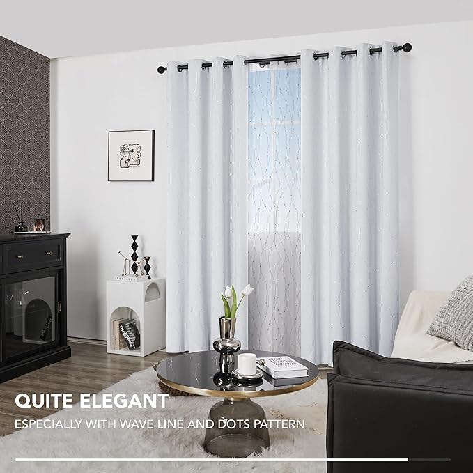 Deconovo Living Room Curtains, Room Darkening Drapes, Thermal Insulated Soundproof Grommet Drape, Silver Wave Dot Print, 52 x 108 Inch Long, Machine Washable Window Panels for Bedroom Office, Set of 2