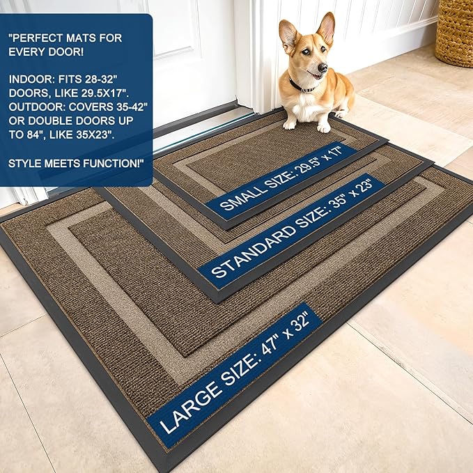 OLANLY Front Door Mat Indoor Outdoor Entrance, Waterproof All-Season, All-Weather Doormat, Sturdy Natural Rubber, Fade Resistant, Low Profile, Easy Clean Patio Porch Entryway Mat, 71x23, Brown