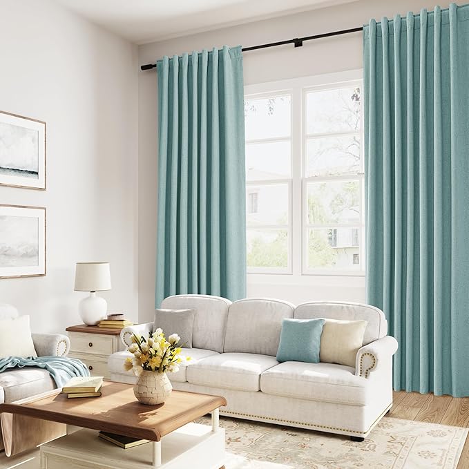 Guken 100% Blackout Linen Curtains 102 Inch Length 2 Panels Set for Living Room Bedroom Back Tab Thermal Insulated Black Out Linen Drapes Room Darkening Window Curtains,Light Blue