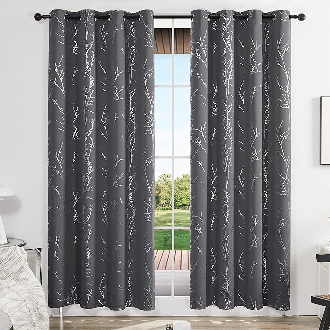 Deconovo Grey Blackout Curtains for Living Room, Thermal Insulated Soundproof Drapes, Branch Foil Print, 52 x 108 Inch Long, 2 Panels, Machine‑Washable Privacy Window Panel for Bedroom Sliding Door