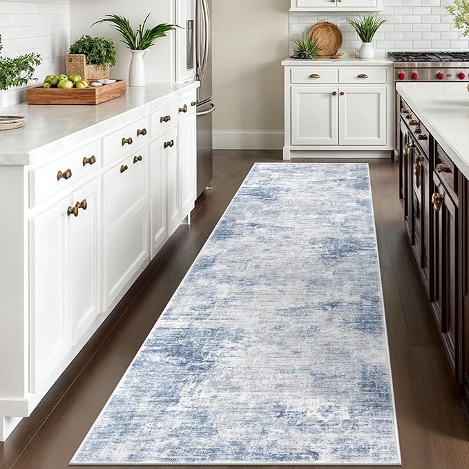 IOHOUZE Abstract Runner Rug 3x10 Ft Washable Runners for Hallways, Non Slip Kitchen Runner Printed Faux Wool Entryway Runner Indoor, Modern Abstract Floor Carpet for Hall Bedroom, Light Blue Grey