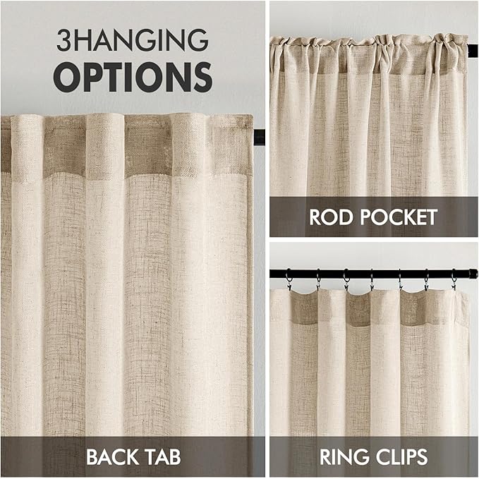 MIULEE Light Taupe Linen Curtains 63 Inch Length 2 Panels for Bedroom Living Room, Soft Linen Textured Window Drapes Semi Sheer Light Filtering Back Tab Rod Pocket Farmhouse Modern Burlap Look Decor