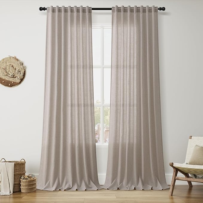Nanspring 102 Inch Long Curtains for Living Room Stone Beige Linen Light Filtering Semi Sheer Curtain Back Tab Simple Modern Floor to Ceiling Farmhouse Drapes for Bedroom Office 52x102, 2 Panels