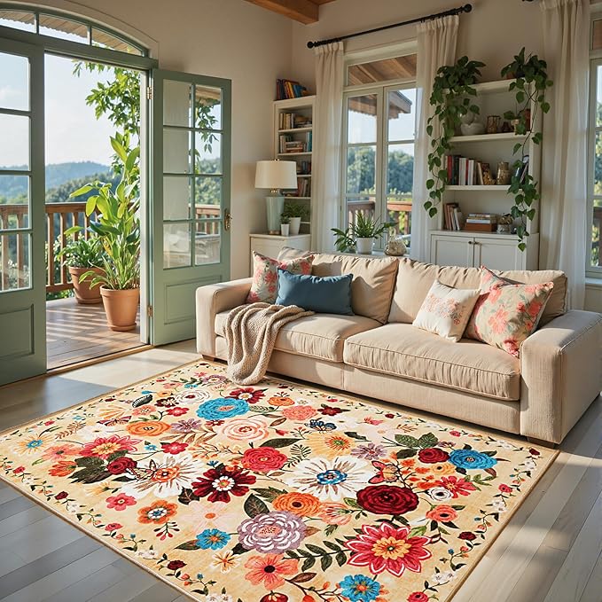 Area Rug 4x6 Rug Washable Boho Rugs Non Slip Low Pile Floral Small Carpet for Bedroom, Bedside, Kids Room, Office, Dining Room(4 x 6, Yellow Garden)