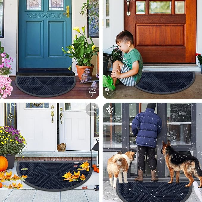 Smiry Half Circle Front Door Mat Outside Entrance, Heavy Duty Sturdy Natural Rubber Doormat, Trap Dirt and Moisture, Low Profile Mats for Indoor Outdoor Entry, Irregular Triangle (29.5x17, Navy Blue)