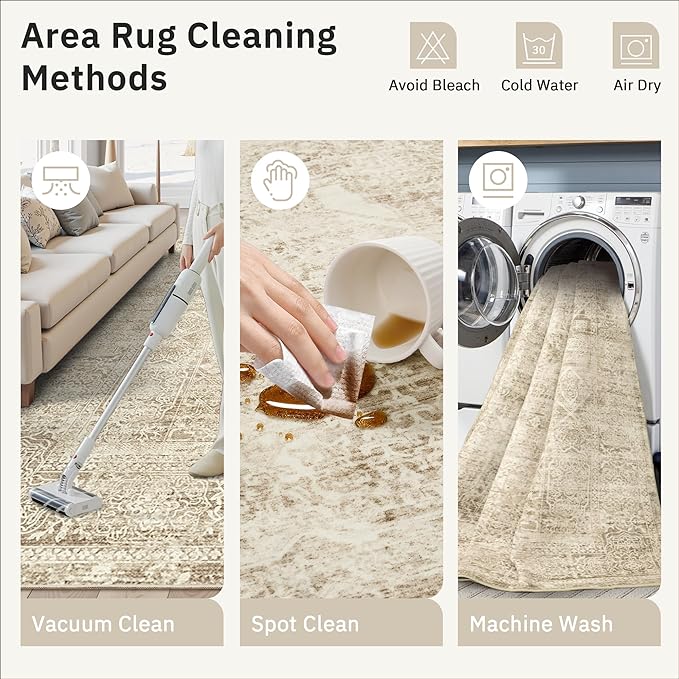 Soalmost Washable Area Rug 8x10, Large Soft Rugs for Living Room Vintage 8x10 Area Rugs for Bedroom Dining Room Floral Non-Slip Thin Brown