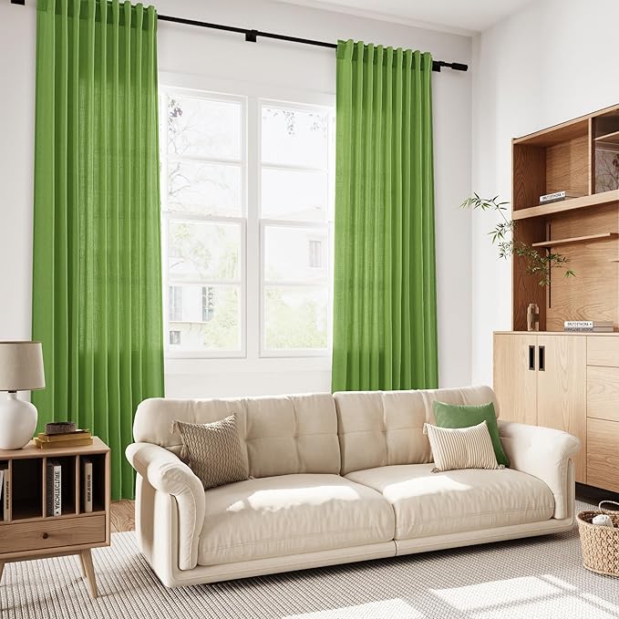 Lime Green Curtains 63 Inches Long 2 Panel Sets for Living Room Bedroom, Light Filtering Linen Drapes for Kitchen Windows Rod Pocket or Back Tab Curtain,Semi Sheer 52x63