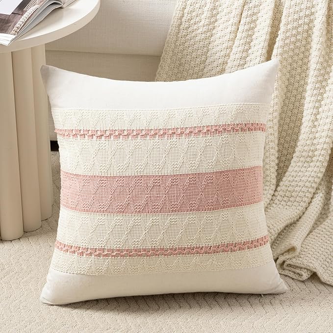 Fancy Homi Set of 1 Boho Pink Big Decorative Throw Pillow Cover 24x24 Inch for Couch Bed Bedroom, Aesthetic Modern Organic Farmhouse Room Decor, Soft Cotton Accent Macrame Woven Cushion Case