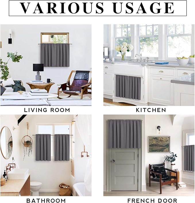 RYB HOME Short Blackout Curtains for Small Window, Sunmmer Heat Light Blocking Privacy Protection Curtains for Sunroom Laundry Room Stair Window, Width 52 by Length 36, Grey, Set of 2