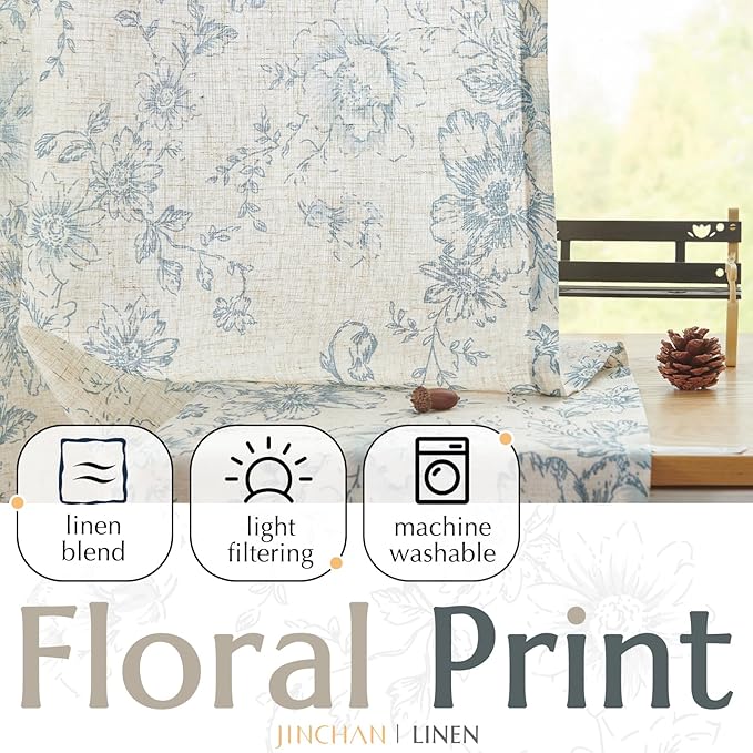 jinchan Linen Floral Curtains 63 Inch Length for Living Room Bedroom Light Filtering Farmhouse Peony Flower Drapes Rustic Window Curtain Set Rod Pocket Back Tab 2 Panels Blue