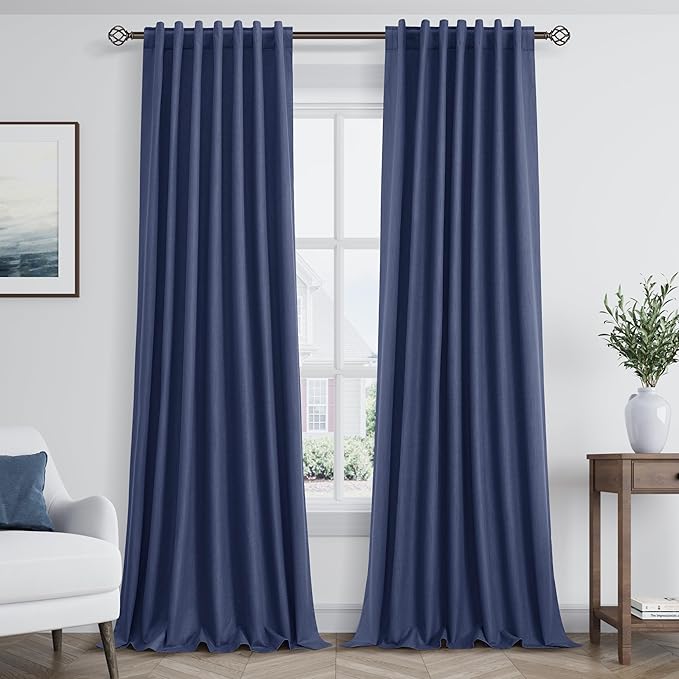 Guken Classic Blue 100% Blackout Linen Curtains 90 Inch Length 2 Panels Set for Living Room Bedroom Back Tab Rod Pocket Thermal Insulated Black Out Drapes Room Darkening Window Curtains