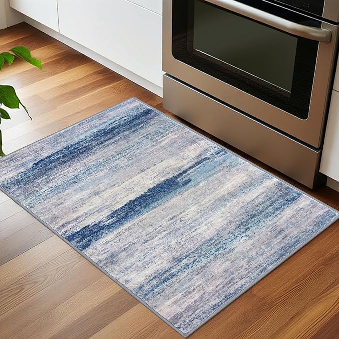 KOZYFLY Modern Abstract Small Area Rugs, 2x3 Washable Kitchen Rug Non-Slip Soft Small Bathroom Rug, Blue/Grey/Beige Striped Entryway Rugs Abstract Print Faux Wool Doormat for Bedside Entrance Bedroom
