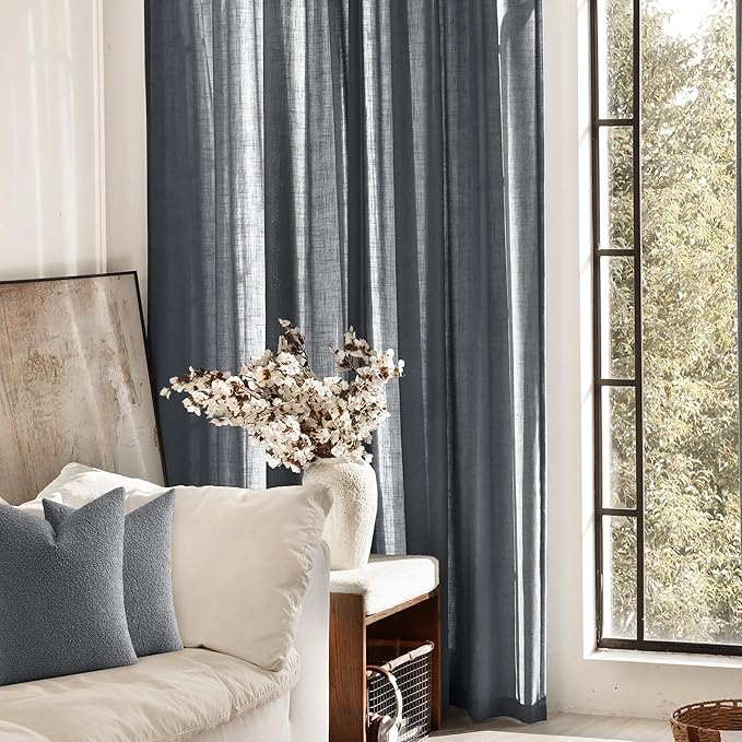 Dark Gray Curtains for Living Room Back Tab Modern Farmhouse Semi Sheer Gray Curtains 84 inches Long 2 Panels Set Muted Neutral Window Curtain for Dining Room Bedroom 52x84
