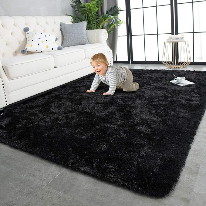 TWINNIS Super Soft Shaggy Rugs Fluffy Carpets, 8x10 Feet, Indoor Modern Plush Area Rugs for Living Room Bedroom Kids Room Nursery Home Decor, Upgrade Anti-Skid Rectangular Fuzzy Rug, Black